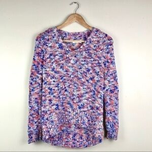 Lou & Grey Blue Purple Red Marled Rainbow Knit V-Neck Cozy Chunky Sweater